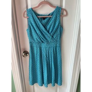 Lands End Sleeveless Jersey Dress Blue White Geo Print Pima Cotton Blend Size S